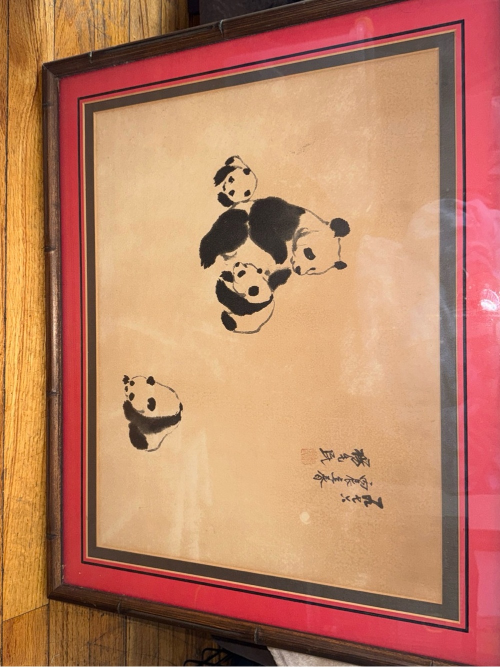 Bamboo wood Framed Panda at play ink Chinese yang Wall Art Print